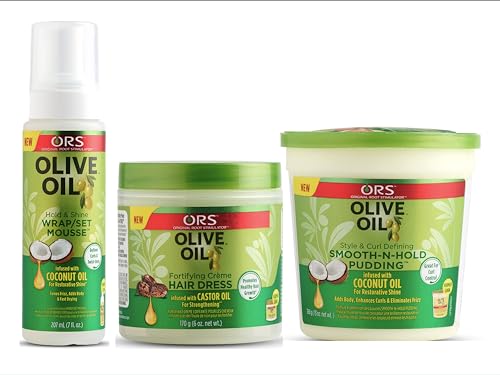 ORS Olive Oil Mousse Infused with Coconut Oil, Fortifying Creme Hairdress with Castor Oil, Style and Curl Smooth-N-Hold Pudding Bundle