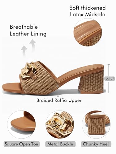 Image of Coutgo Womens Raffia Slide Sandals Chunky Block Heeled Square Open Toe Metal Chain Slip on Mules Dressy Shoes