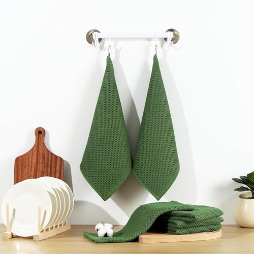 Image of Cotton Kitchen Dish Cloths, 2 Pack Super Absorbent and Lint Free Waffle Weave Dish Towels, Fast Drying Dish Rags for Washing Dishes, 13.4 X 13.4 Inch, Black (Green, Pack of 2)