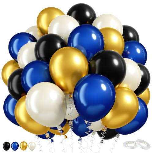 Image of Navy Blue and Gold Balloons, 60 Pcs 12 Inch Blue Gold Black White Latex Balloons for Graduation Birthday Baby Shower Party Decorations