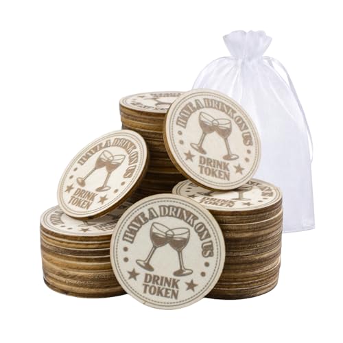 WANDIC 100 PCS Wooden Drink Tokens,3.8cm Personalized Round Token with Bags Reusable Drink Tickets for Wedding Bars Cafes Events