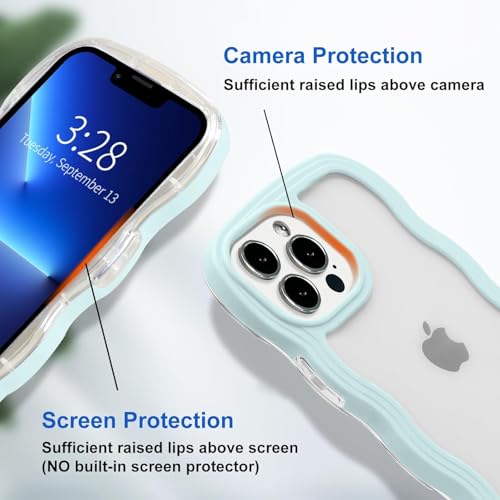 Image of GoldKart iPhone 14 Pro Max Case Wavy Edge Clear Back Design, Anti-Slip Grip Cute Wave Curly Frame Shape Shockproof Soft TPU & Hard PC Bumper Protective Phone Case Cover for Women Girls - Light Blue