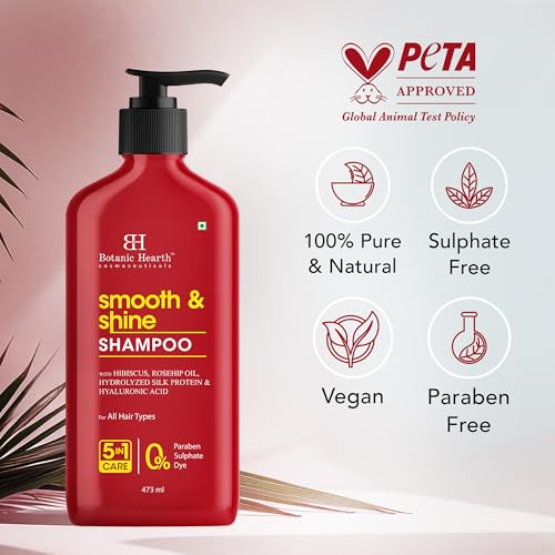 Image of Botanic Hearth Smooth & Shine Shampoo with Rosehip Oil & Silk Protein |Hydrating & Strengthening Formula | Tames Flyaways & Boosts Radiance | Sulfate & Paraben Free, 473ml