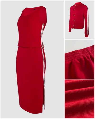 CHICME Women's Three Piece Outfits Fall Sporty Striped Long Sleeve Bomber Jacket Midi Skirt Set with Ribbed Knit Tank Tracksuit Lounge Sets-r-M A-red