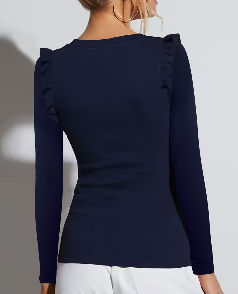 Ezbelle Women's Long Sleeve Ruffle Shirts Striped Rib Knit Blouse Slim Casual Office Trendy Fall Spring Tops 2026 - Image 2