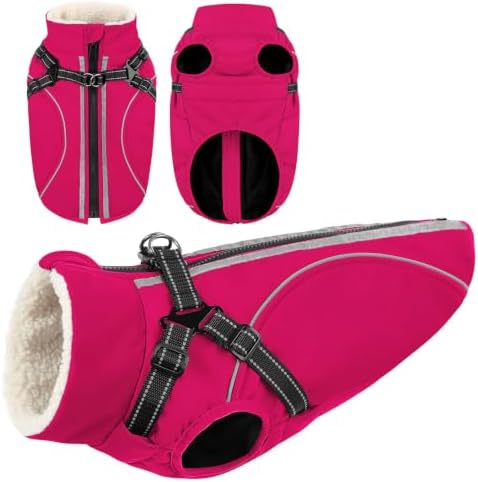 CITÉTOILE Wasserdichter Winter Hundemantel mit Geschirr Fleece Rosa S | Warme Hundejacke mit Reißverschluss, Wintermantel mit Reflektorstreifen für kleine Mittel Große Hunde, mit B