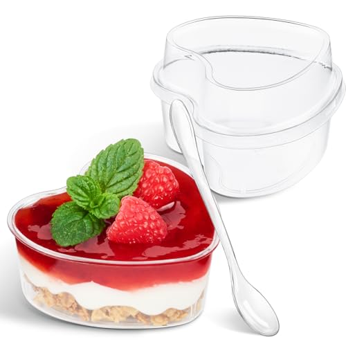 TOFLEN 5 oz Heart Shaped Dessert Cups with Lids and Spoons 300 Pcs | Serves 100 | Mini Plastic Dessert Shooter Cups for Parfait Cheesecake Mousse Appetizers Jello Shot and Puddings