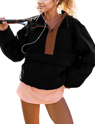 Womens Crew Neck Pullover Puffer Long Sleeve Loose Jacket Half Zip Hooded Coat with Drawstring