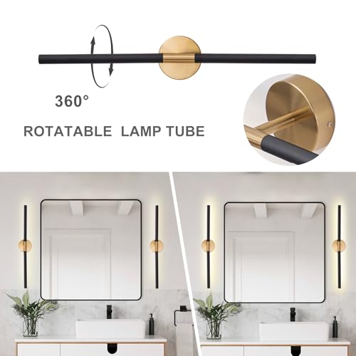 Image of Modern Bathroom Light Fixtures Over Mirror 29.5 Inch, 20W 360 Rotatable Dimmable 4000K Led Vanity Light Bar, Black and Gold Bathroom Vanity Lights Above Mirror