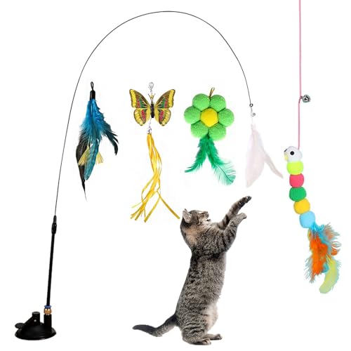 Rynvarl Juguete interactivo para gatos – Caña de pescar flexible con ventosa + 5 accesorios para plumas y campanillas – estimulación para gatitos y gatos adultos – sostenible, no tóxico