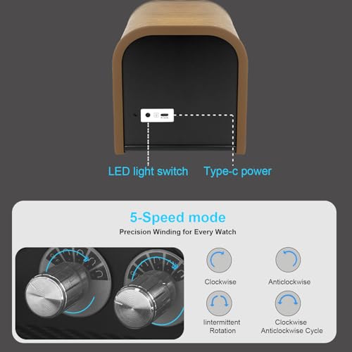 Watch Winder for Automatic Watches, Single Watch Winders Box for Rolex, Walnut Grain Design with 4 Rotation Mode Setting & Blue LED Light, Supports 2 * AA Batteries (Not Included), Gift for Man
