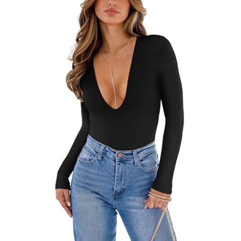 REORIA Women's Deep V Neck Bodysuit Top Cover
