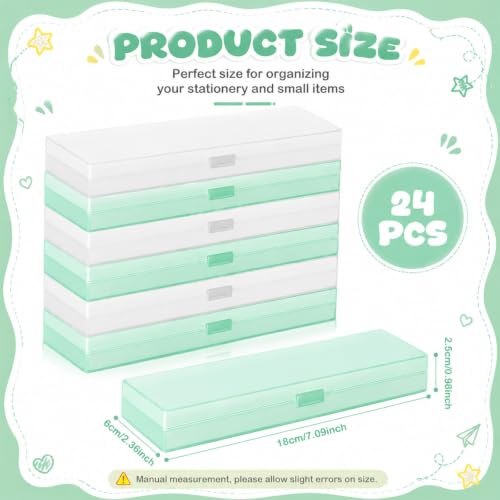 Image of Fainne 24 Plastic Pencil Case Bulk Hard Pencil Boxes with Snap Lid Crayon Maker Pen Organizer Stackable Craft Storage Boxes for School Supplies(Single Layer,White, Green,7.09 x 2.36 x 0.98 Inch)