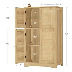 Iwell Storage Cabinet Rattan Cabinet with 4 Rattan Doors Adjustable Shelf Cupboard Bathroom Floor Cabinet for Living Room Entryway Home Office Natural