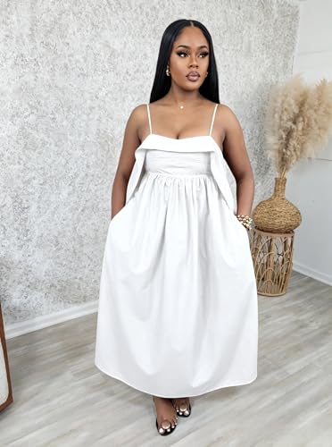 Image of YUEWOO Midi Dresses for Women Casual Summer Sundresses Vacation Outfits Spaghetti Strap Smocked Women Maxi Dress with Pockets