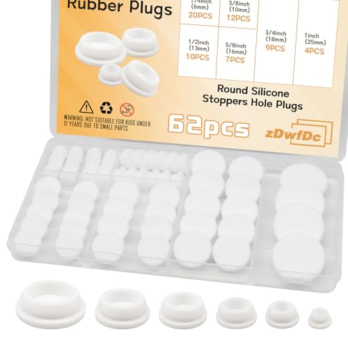 Image of 62PCS 6 Sizes White Rubber Hole Plugs for Round Holes Silicone Plugs, 1 inch 3 /4 inch 5 /8 inch 1 /2 inch 3 /8 inch 1 /4 inch Round Rubber Plug Snap Locking, Used for Furniture DD036-w