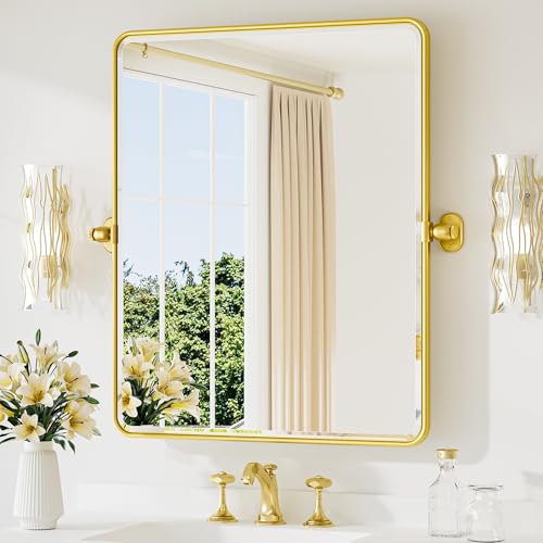 TETOTE Glossy Gold Pivot Bathroom Mirror 24 x 30 Tilting Beveled Rectangle Metal Framed Mirror, Farmhouse Adjustable Tilt Rounded Corner Rectangular Vanity Mirror, Horizontal/Vertical, Easy to Install
