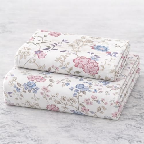 Image of Blue Strip Polycotton Fitted Bedsheet, Single 42x75 (Whitepink Gulab) | 300 TC | All-Round Elastic Grip | Soft, Breathable & Colourfast | Wrinkle Resistant | Machine Washable