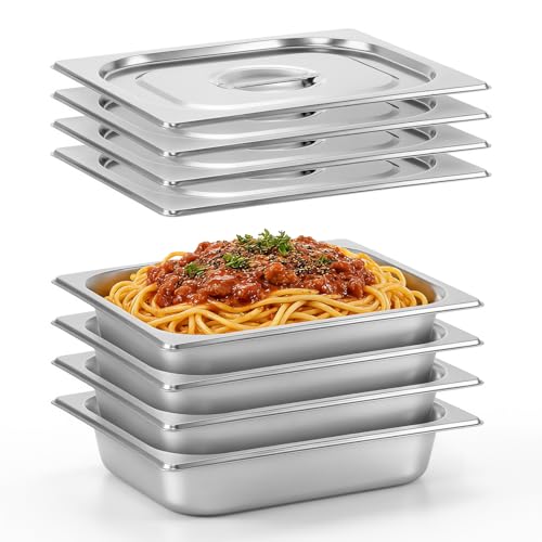 Image of Dyna-Living Hotel Pans with Lids 4 Pack 1 /2 Half Size Steam Table Pans | 2.5 Inch Deep Stainless Steel Food Containers, 5.92 QT Commercial Metal Food Pans for Catering Buffet, Easy Clean, Oven Safe
