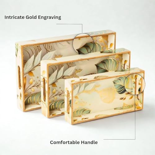 Image of Wooden Serving Tray | Sizes: 16 x 10 inches, 14 x 8 inches, 12 x 6 inches | Enamel Coated Waterproof | Rectangular | Tray for Decoration | Premium| Green Leaf Tray Set | Set of 3