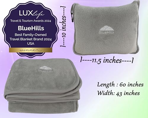 Image of BlueHills Premium Soft Travel Blanket Pillow Airplane Flight Blanket Throw in Soft Bag Pillow case with Luggage Belt & Backpack Clip Compact Pack Large Blanket - Light Gray T024