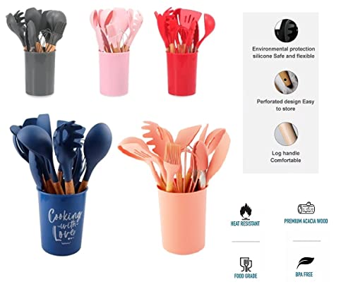 Jogo 12 peças Silicone/Madeira Talher Escumadeira Utensilio Cozinha Laranja