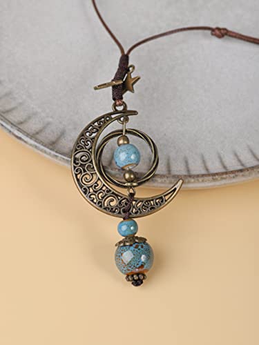 Minachi Bohemian Hippie Moon Stars Ceramic Beads Lariat Necklace, Hippie Jewelry Gift For Women (Blue) #TOP1