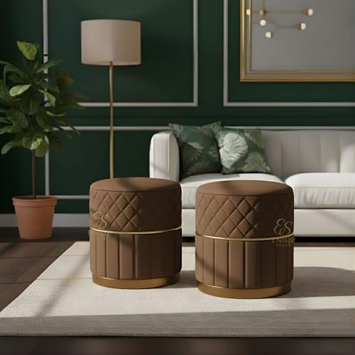 Image of ENIQE STORE Set of 2 Round Velvet Ottoman Footstool Gold Base - Tufted Upholstered Pouffe Stool for Living Room, Bedroom & Dressing Area (Brown)