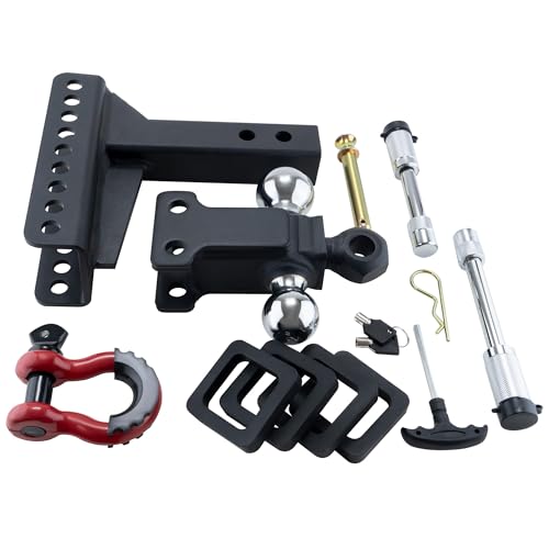 TYT Adjustable Trailer Hitch Ball Mount with Lock&Pin&Rotatable Tow Shackle, Fits 2-in Receiver, 5\" Rise/Drop, 2-in, 2-5/16-in Hitch Ball, 10000LBS GTW, Ultra Quiet