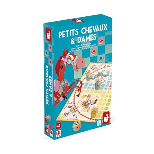 Janod - Jeu des Petits Chevaux + Jeu de Dames - 2 Jeux en 1 - Jeux Classiques - Idéal Cadeau et Fête Anniversaire - Dès 4 Ans