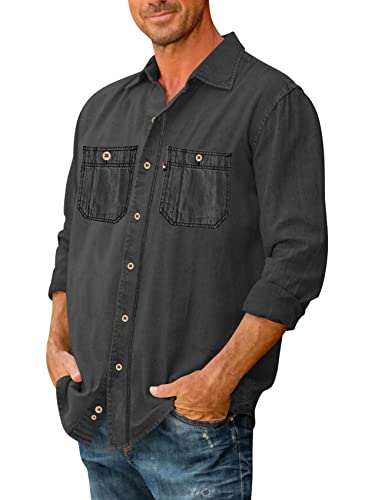 Men's Button Down Shirts Denim Long Sleeve Casual Loose Shirt Tops with Pockets3