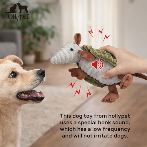 Image of Hollypet Plush Dog Squeaky Toy Stuffed Armadillo Animal Pet Puppy Chew Toys with Clean Teeth for Small Medium Large All Breed Sizes Dogs, Olive Green, 8 in
