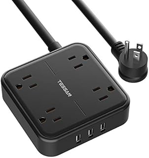 Flat Plug Power Strip with 3 USB Ports, TESSAN 4 AC Outlets Black Extension Cord, 5 FT Wall Mount Outlet Extender, Small Desk Charging Station for Dorm Essentials, Office, Cruise Accessories, Travel