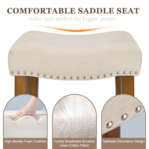 PrimeZone Counter Height Bar Stools Set of 2 - Backless Saddle Barstools with 4.3\" Thick Upholstered, Nailhead Trim Linen Fabric & Solid Wood Legs, 26 Inch Counter Stools for Kitchen Island, Beige
