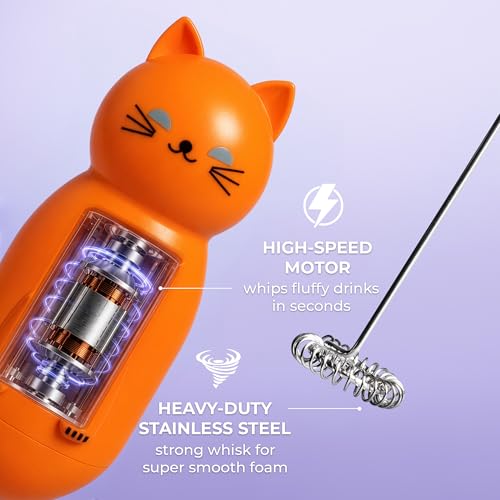Image of Zulay Kitchen Cat Milk Frother Wand - Cutesy Frother, Meet Your New Frothing Buddy Tiger The Cat, Adoption Papers and Stickers Included, Purrr-fect for Lattes, Cappuccino & Matcha - Orange