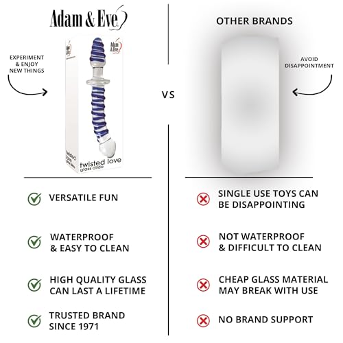 Image of Adam & Eve Twisted Love Glass Dildo and Butt Plug, Double Ended, Curved for G Spot and Prostate Stimulation, Textured Swirls, Plug Shaped End for Backdoor Play, Temperature Play, 9 Inches, Glass