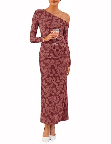 ZESICA Women's Fall Floral Off Shoulder Bodycon Maxi Dresses 2025 Long Sleeve Ruched Elegant Cocktail Party Dress