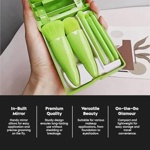 Image of Gleva Travel Size Mini Makeup Brushes Set with Mirror Small Complete Function Cosmetic 5 Pcs Brushes Kit Case Apply to Face Foundation Powder Concealers Eyebrow Eyeshadow (Green)