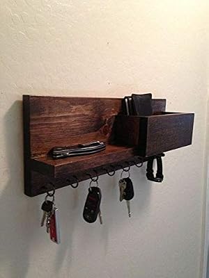 Karigaari India Wooden Handcrafted Mobile Stand for Charging Porpose with Multipurpose Hooks for Key for Living Room, Ho