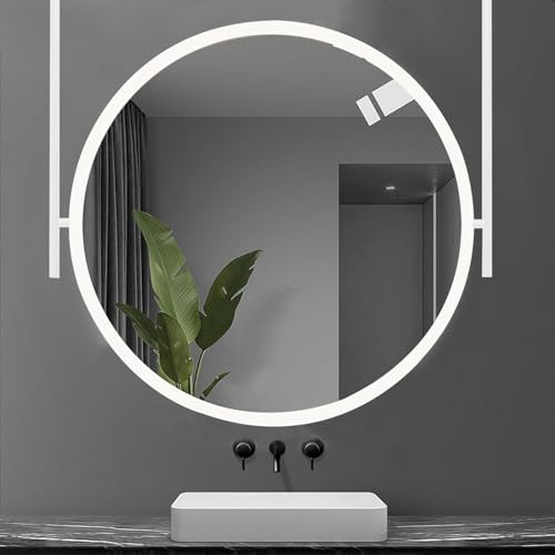 Espejo de pared redondo grande de 50 cm, espejo colgante decorativo de metal blanco, ideal para baño o maquillaje, tocador, montaje en techo, elegante y funcional