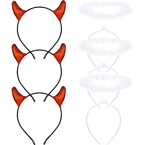 6 Pieces Angel and Devil Horns Headband Set Include White Feather Angel Hair band Angel Costume Feather Headband and Glitter Devil Horns Headband Halloween for Halloween Dress Cosplay Hairband