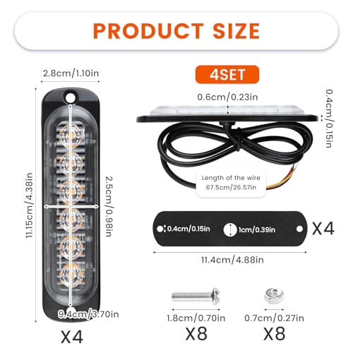 Pmqs 4 Stück 6 LED Frontblitzer, Frontblitzer Orange 12V/24V, Blinklicht Stroboskop Warnlicht, Led Warnleuchte für Truck Traktor LKW Auto Emergency Gabelstapler