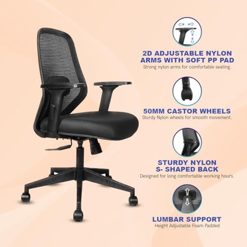 Image of Kepler Brooks Verve Office Chair for Work | 3-Year Warranty | Ergonomic Office Chair, Study Chair for Home, 2D Arms, Adjustable Lumbar, Single Lock Recliner, Heavy Duty Nylon Base (Black)