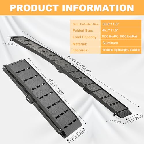gardhom Motorcycle Ramps for Pickup Trucks 1500lbs Heavy Duty Ramp 7.5FT Folding Loading Ramps for ATV UTV Pickup Motorcycle Dirt Bike Lawn Mower Snow Blower, Black, 1 Piece