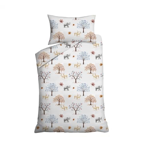 Hajran Linen 2 Pcs Baby Cot Duvet/Quilt Cover Set - 100% Pure Cotton | 1 Duvet/Quilt Cover (120 x 90 cm) & 1 Pillowcase (40 x 60 cm) | Breathable, Soft, Comfy, Anti-allergic (Trees and Animals)