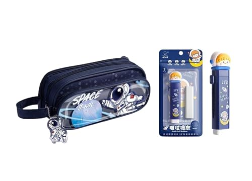 Image of Space Travel Pencil Pouch with Push Pull Eraser Set for Kids | Premium Large Capacity Pencil Case for Boys & Girls | School Stationery Combo Gift Set