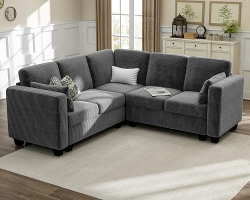 Image of CHIC HOUSE Modular Corner Sectional Sofa with Storage, Corduroy L-Shaped Couch, Compact Small Space Furniture for Living Room & Apartment (Dark Grey, 5 Seater L-Shaped)