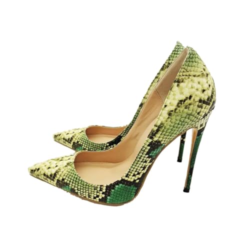 Zapatos de Tacón de Aguja con Punta Puntiaguda para Mujer,Tacones Altos Sin Cordones Sexys Cerrados con Estampado de Serpiente Verde para Bodas Fiestas Oficina y Trabajo,35 EU