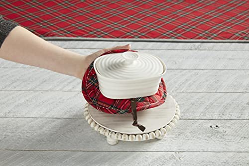 Mud Pie White Beaded Trivet & Tartan Set, Trivet 2 1/2" X 8" Pot Holder 7 1/2" Dia, Dia Dia #TOP1