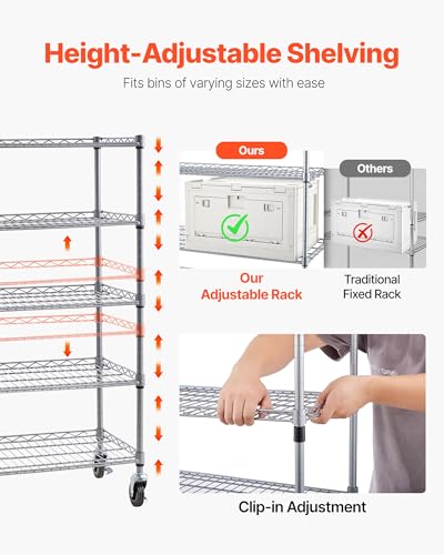 Image of VEVOR 5-Tier Rolling Bin Storage Rack, 12 Organizer Bins, Bin Rack Storage Steel Wire Shelving System with Wheels, Mobile Tool Organizer for Garage, Warehouse, Office, Restaurant, Classroom, Kitchen